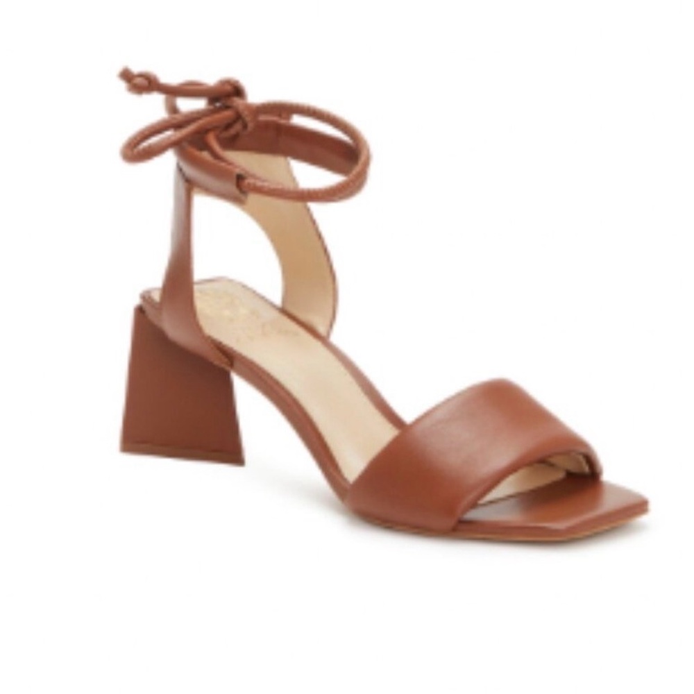 Vince Camuto Tan Leather Ankle-Tie Block Heel Sandal